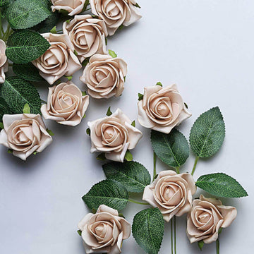 24 Roses 2" Champagne Artificial Foam Flowers With Stem Wire and Leaves