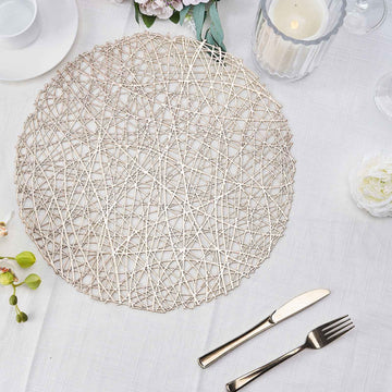 6 Pack 15" Champagne Metallic Woven Vinyl Placemats, Non-Slip Round Table Mats