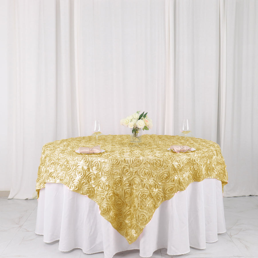 72x72inch Champagne 3D Rosette Satin Table Overlay, Square Tablecloth Topper