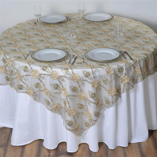 Add Elegance to Your Event with the Champagne Satin Sequin Floral Embroidered Lace Table Overlay Add Elegance to Your Event with the Champagne Satin Sequin Floral Embroidered Lace Table Overlay
