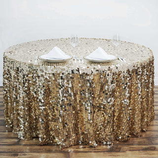 Elevate Your Event with the 120" Champagne Seamless Big Payette Sequin Round Tablecloth