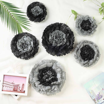 Set of 6 Charcoal Gray Carnation 3D Paper Flowers Wall Decor - 7",9",11"