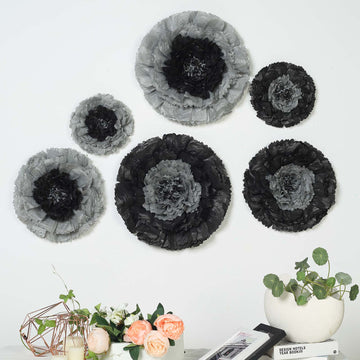 Set of 6 Charcoal Gray Giant Carnation 3D Paper Flowers Wall Decor - 12",16",20"