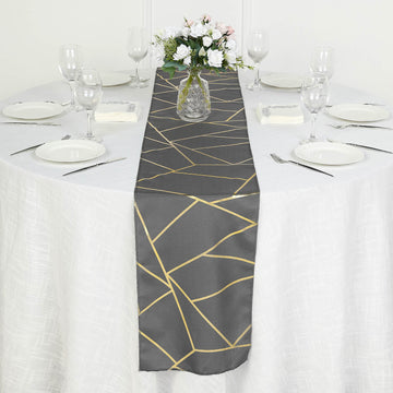 9ft Charcoal Gray Gold Foil Geometric Pattern Polyester Table Runner