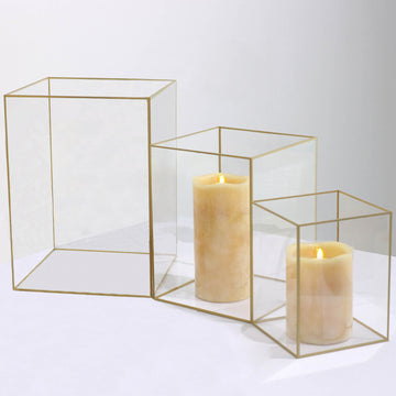 Set of 3 Clear Acrylic Flower Display Boxes Pillar Candle Holders With Gold Rims - 6",8",10"