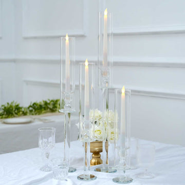 Set of 4 Clear Crystal Glass Hurricane Taper Candle Holders With Tall Cylinder Chimney Tubes - 14", 18", 22", 26"