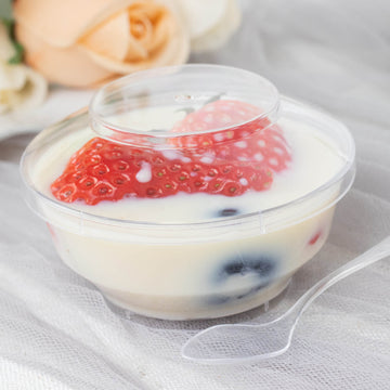 24 Pack 3.5oz Clear Disposable Dessert Cup, Lid and Spoon Set, Mini Plastic Yogurt Breakfast Bowls