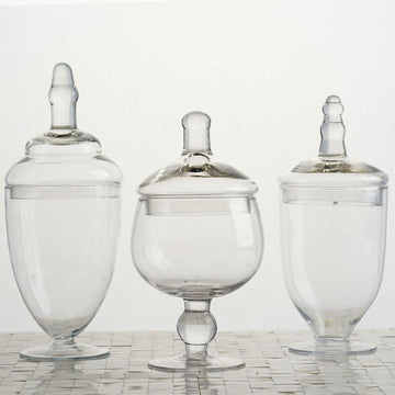 Set of 3 Clear Glass Apothecary Party Favor Candy Jars With Snap On Lids - 9" 10" 11"