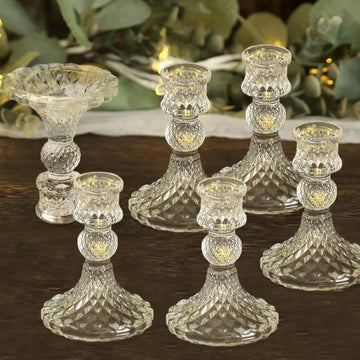 6 Pack 4" Clear Glass Diamond Pattern Taper Candlestick Holders, Reversible Crystal Pillar Votive Candle Stands