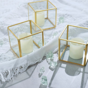 3 Pack 3" Clear Glass Square Tealight Votive Candle Holder Cubes - Stackable with Gold Metal Frame