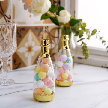 12 Pack 6" Clear Gold Mini Champagne Bottle Party Favor Boxes, Transparent Fillable Candy Containers