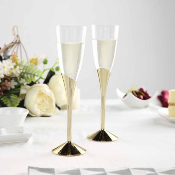 6 Pack 5oz Clear Gold Plastic Champagne Flutes, Disposable Glasses With Detachable Base