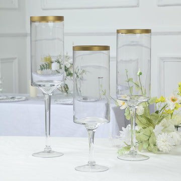 Set Of 3 Clear Gold Rimmed Long Stem Glass Hurricane Candle Stands, Cylindrical Pedestal Flower Vases - 16", 18", 20"