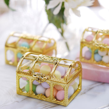 12 Pack 3.5" Clear Gold Treasure Chest Party Favor Gift Boxes, Vintage Jewelry Box Candy Containers