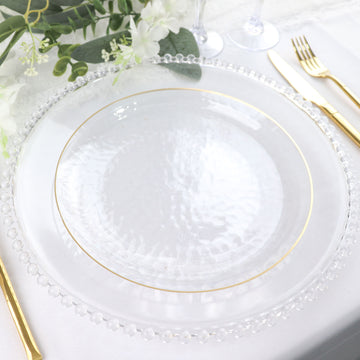 10 Pack Clear Hammered 9" Round Plastic Dinner Plates With Gold Rim, Disposable Party Plates