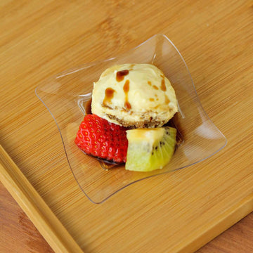 24 Pack 3" Clear Mini Wavy Rim Square Disposable Snack Plates, Plastic Pinwheel Design Appetizer Plates