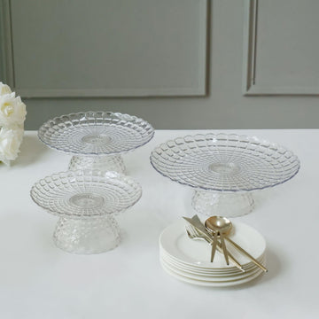Set of 3 Clear Pressed Contemporary Design Plastic Cake Stands With Bowl Base, Stackable Cupcake Dessert Holders - 8", 10", 12"