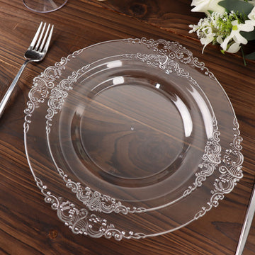 10 Pack 8" Clear Plastic Salad Plates With Silver Leaf Embossed Baroque Rim, Round Disposable Appetizer Dessert Plates