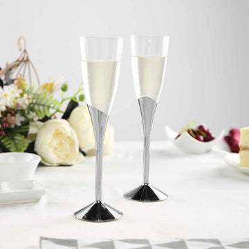 6 Pack 5oz Clear Silver Plastic Champagne Flutes, Disposable Glasses With Detachable Base