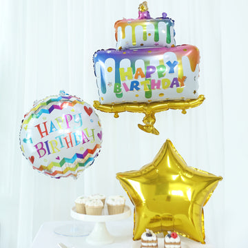 Set of 5 Colorful Happy Birthday Cake Mylar Foil Balloon Set, Round and Gold Star Balloon Bouquet With Ribbon, Birthday Party Decorations