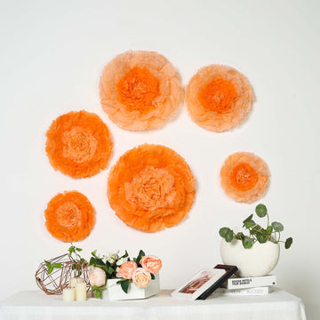 Set of 6 Coral Orange Giant Carnation 3D Paper Flowers Wall Decor - 12",16",20"