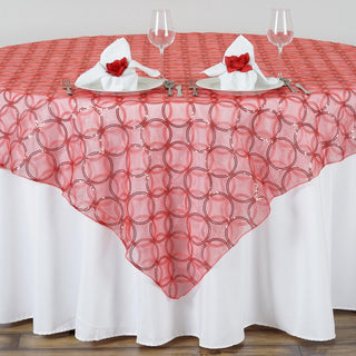 Coral Sequin Circle Print Organza Square Table Overlay