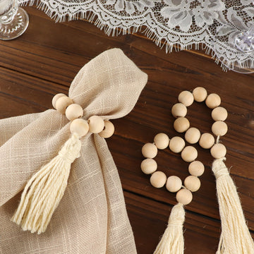 4 Pack 6" Cream Rustic Boho Chic Wood Bead Napkin Rings With Tassels, Farmhouse Country Napkin Holders