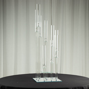 4ft Crystal 9-Arm Cluster Glass Taper Pillar Square Candle Stand, Hurricane Candle Holder Floral Pedestal Candelabra