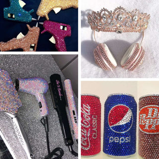 Rhinestone-covered accessories including glue guns, headphones, and cans.