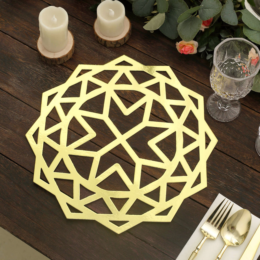 6 Pack Metallic Gold Foil Laser Cut Geometric Star Table Mats, 13inch Round Disposable Cardboard