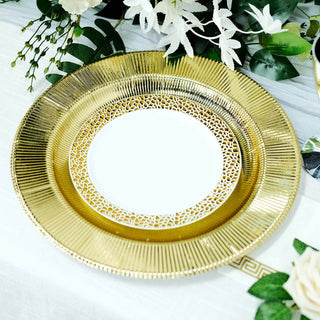 Convenient and Glamorous Sunray Metallic Gold Disposable Charger Plates Convenient and Glamorous Sunray Metallic Gold Disposable Charger Plates