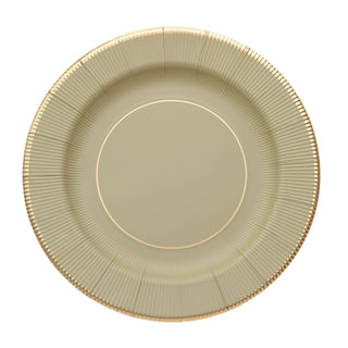 Convenient and Stylish Event Decor with Khaki Gold Rim Sunray Disposable Charger Plates
