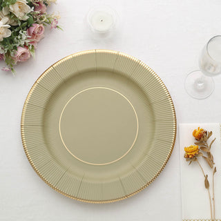Add Elegance to Your Events with Khaki Gold Rim Sunray Disposable Charger Plates