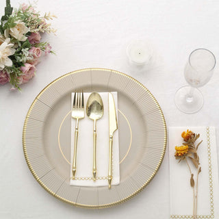 Taupe Gold Rim Sunray Disposable Charger Plates: The Perfect Choice for Your Event Taupe Gold Rim Sunray Disposable Charger Plates: The Perfect Choice for Your Event