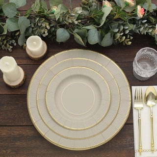 Add Elegance to Your Table with Taupe Gold Rim Sunray Disposable Charger Plates Add Elegance to Your Table with Taupe Gold Rim Sunray Disposable Charger Plates