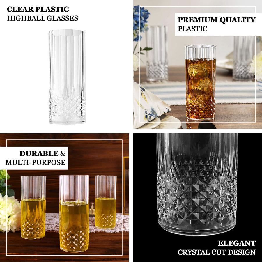14oz Clear Crystal Cut Reusable Plastic Cocktail Tumblers, Disposable Highball Drinking Glasses