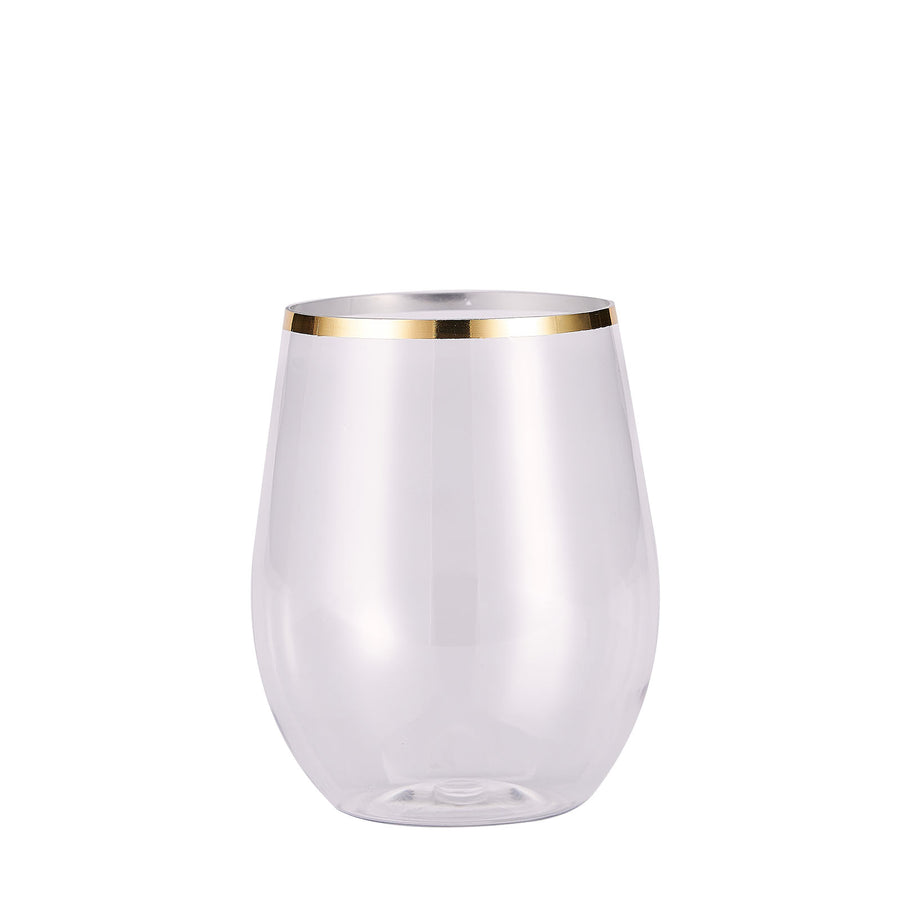 12 Pack | Clear 12oz Gold Rim Plastic Stemless Wine Glasses, Disposable Wine Tumbler#whtbkgd