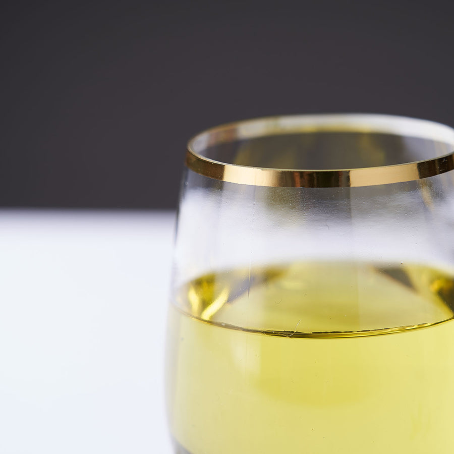 12 Pack | Clear 12oz Gold Rim Plastic Stemless Wine Glasses, Disposable Wine Tumbler