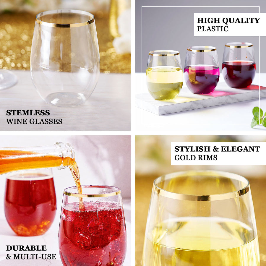 12 Pack | Clear 12oz Gold Rim Plastic Stemless Wine Glasses, Disposable Wine Tumbler