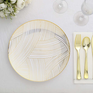 10 Pack | 10" White / Gold Wave Brush Stroked Disposable Dinner Plates 10 Pack | 10" White / Gold Wave Brush Stroked Disposable Dinner Plates