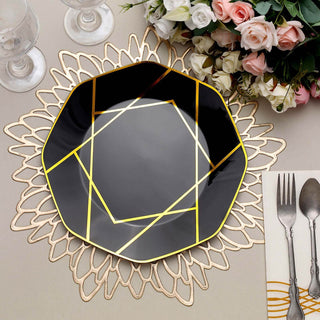 Black octagonal plate with gold geometric design on a decorative placemat.