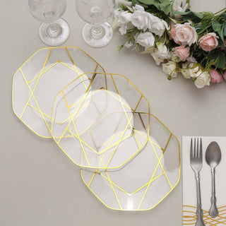 Elegant geometric glass plates with gold trim on a neutral background.