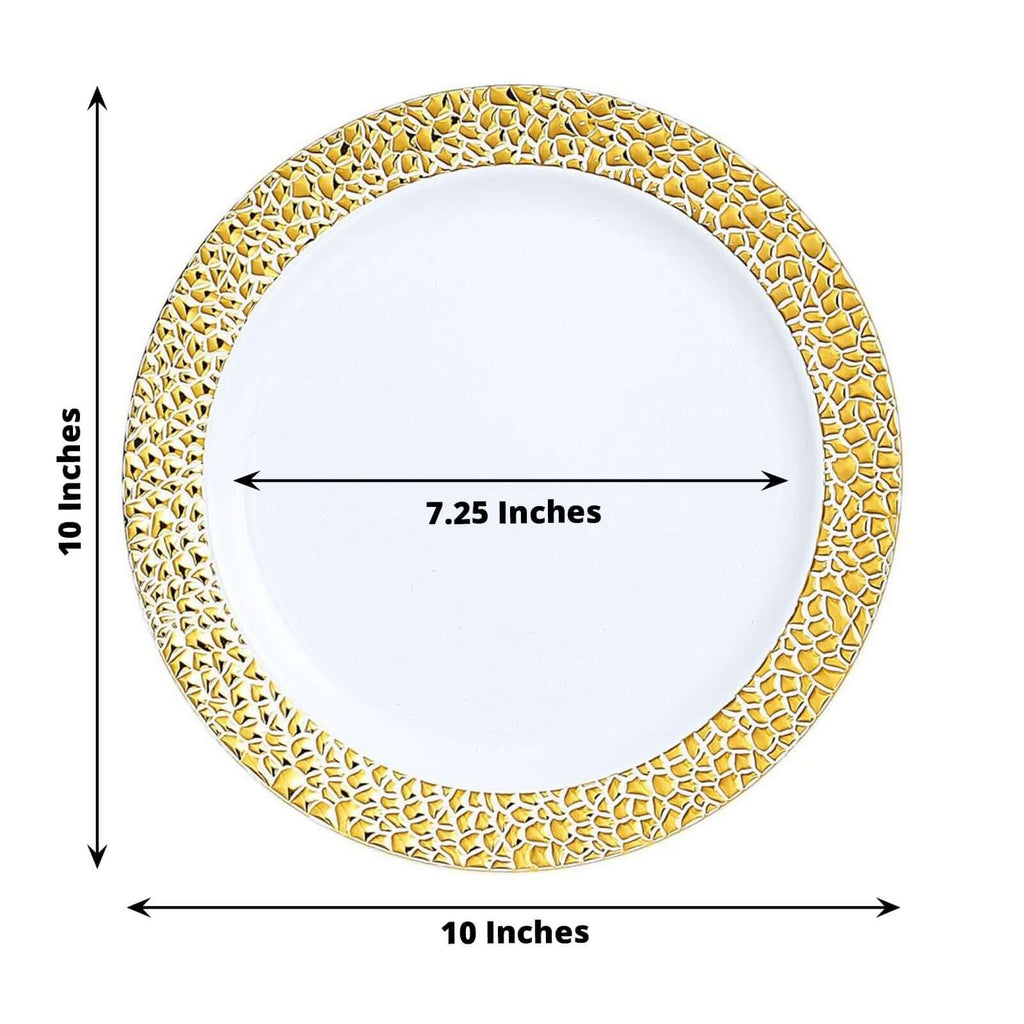 10 Pack 10" White Disposable Plates Round Dinner Plates With Gold