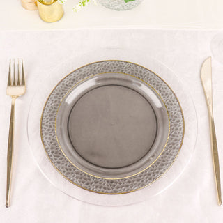Stylish and Durable Opaque Black Hammered Design Plastic Salad Plates with Gold Rim