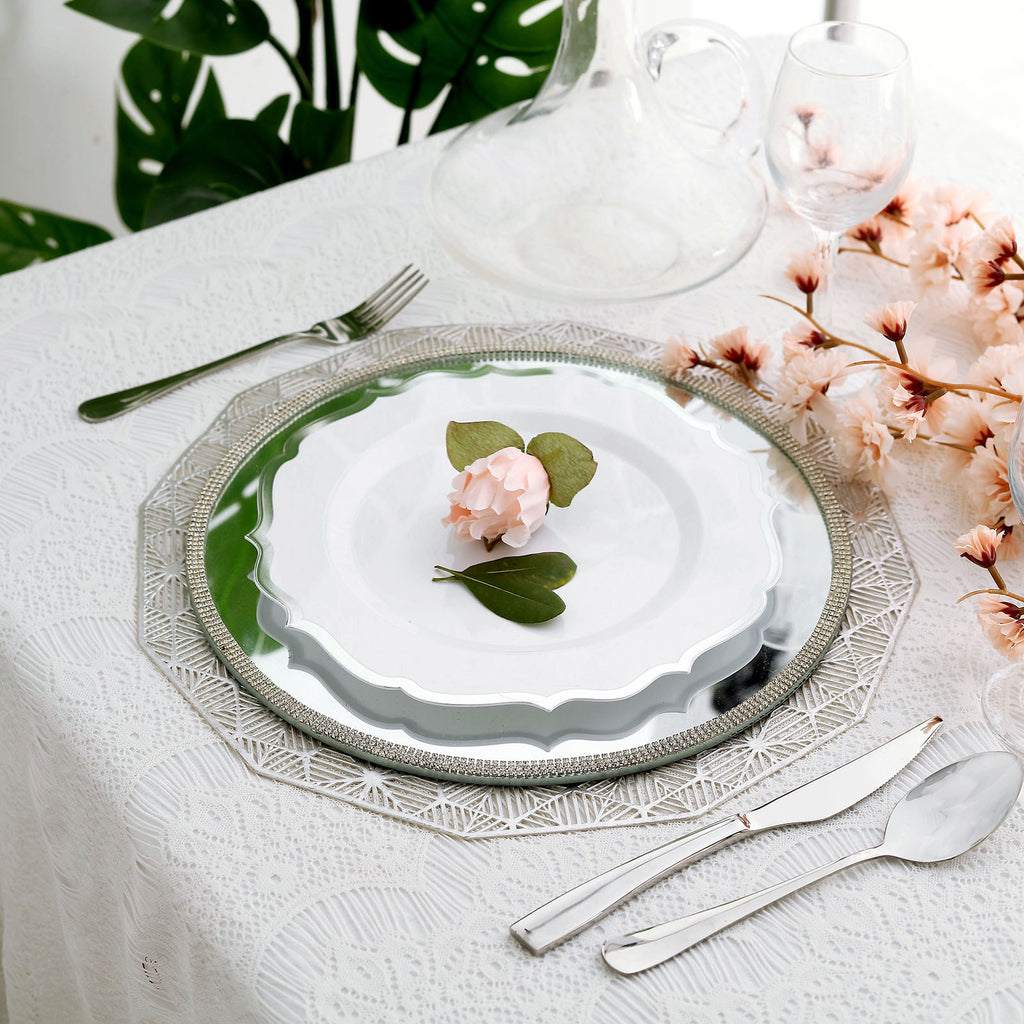 White Plastic Dinner Plates with Silver Scalloped Rim