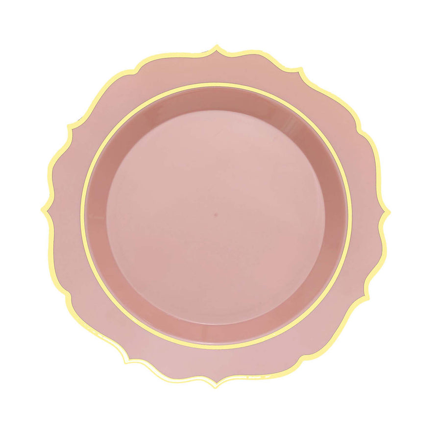 Dusty Rose Plastic Dessert Salad Plates, Disposable Tableware Round With Gold Scalloped Rim#whtbkgd