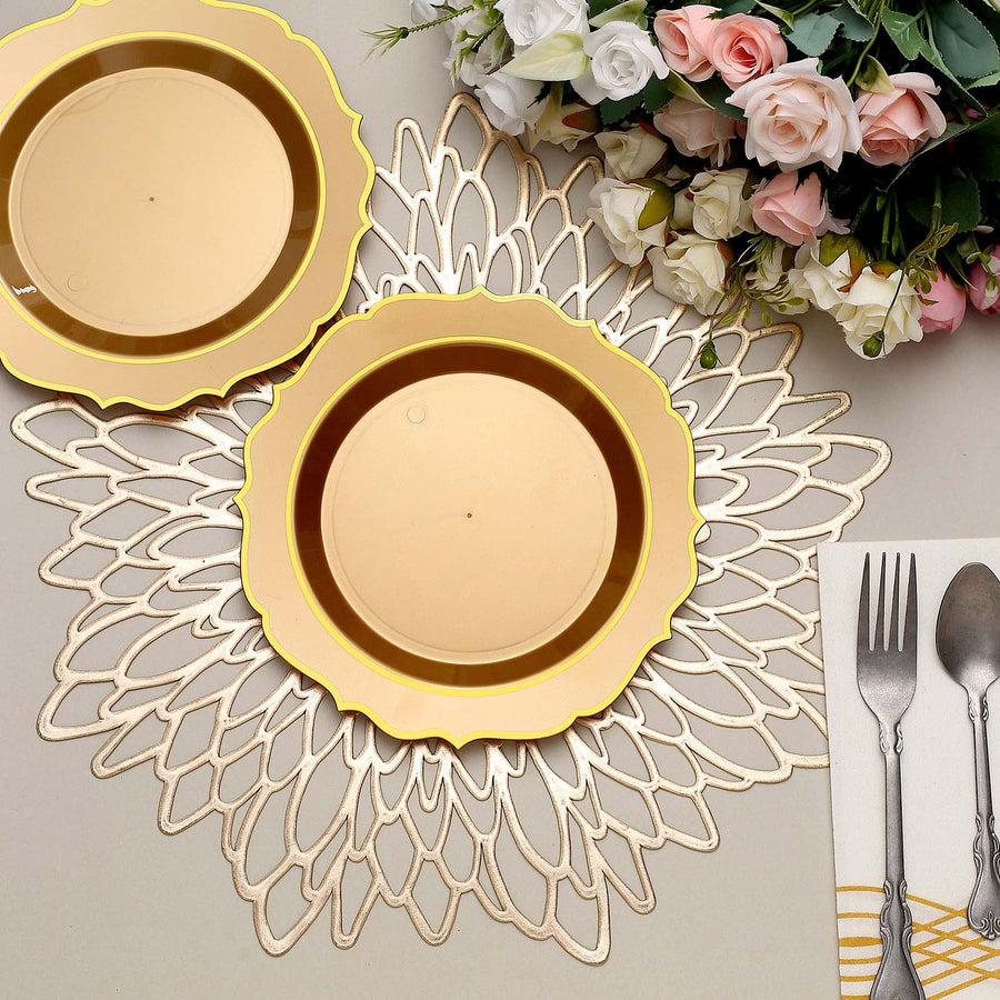 10 Pack 8inch Gold Plastic Dessert Salad Plates, Disposable Tableware Round With Gold Scalloped Rim