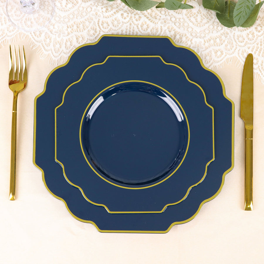 8inch Navy Blue Hard Plastic Dessert Appetizer Plates, Baroque Heavy Duty Salad Plates with Gold Rim