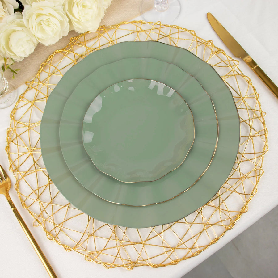 10 Pack | 11 Dusty Sage Disposable Dinner Plates With Gold Ruffled Rim, Round Plastic Party Plates