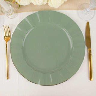 Elegant Dusty Sage Green Disposable Dinner Plates with Gold Ruffled Rim